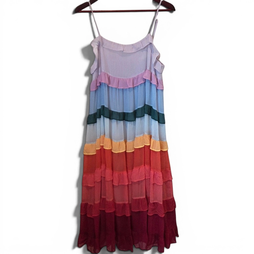 Storia Dress Chiffon Tiered Ruffle Relaxed Rainbow Boho Festival Large